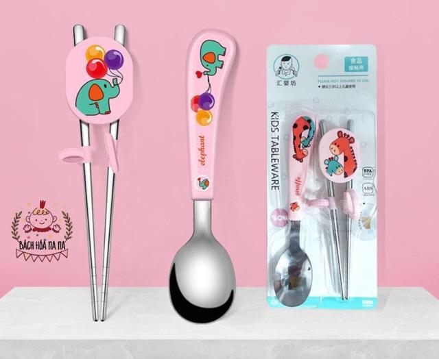 Bộ Thìa/ Muỗng và Đũa Xỏ Ngón Cho bé tập ăn Inox 304 Cao cấp chống rỉ Hình đáng yêu - Nana Shop MOMYBABY