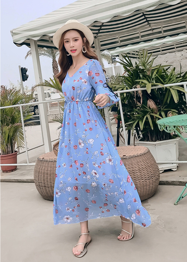 Đầm voan dài dáng xòe thướt tha, cổ tim tay lỡ điệu đà, maxi đi biển cao cấp mẫu mới nhất | MX020