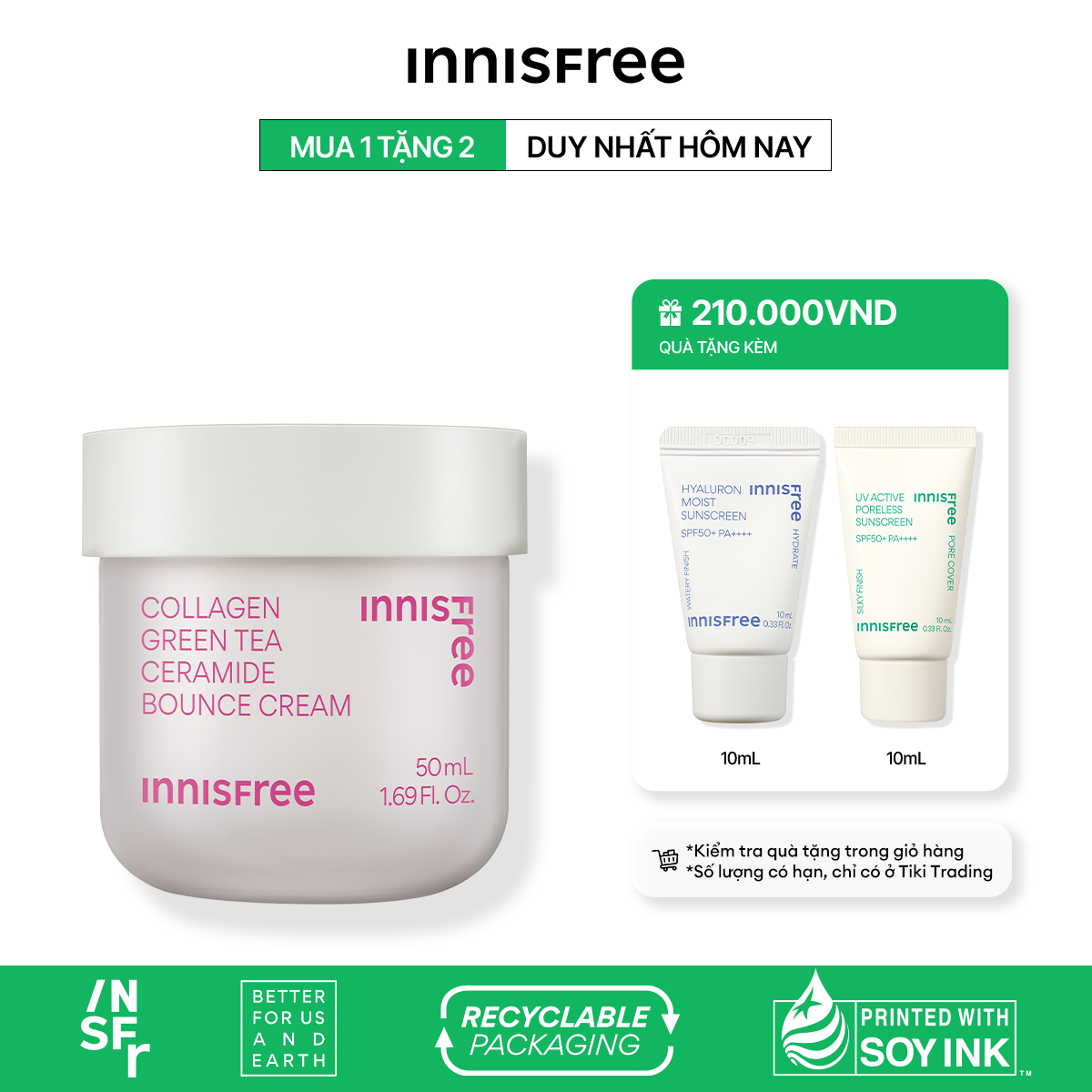 Kem dưỡng giúp làm mờ các dấu hiệu lão hóa trên da INNISFREE Collagen Green Tea Ceramide Bounce Cream 50mL