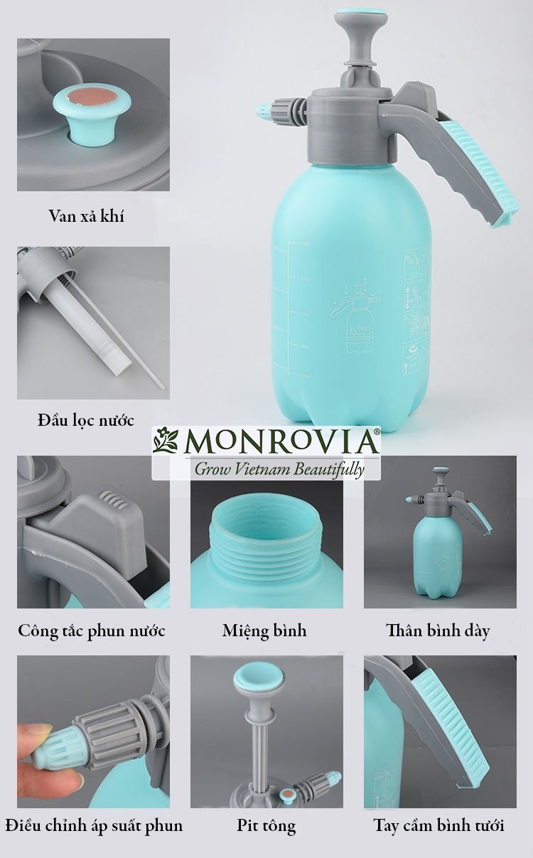 Bình xịt tưới cây MONROVIA 2 lít, phun sương tưới cây cảnh, vòi dài, tặng vòi ngắn, màu xanh, tiêu chuẩn Châu Âu