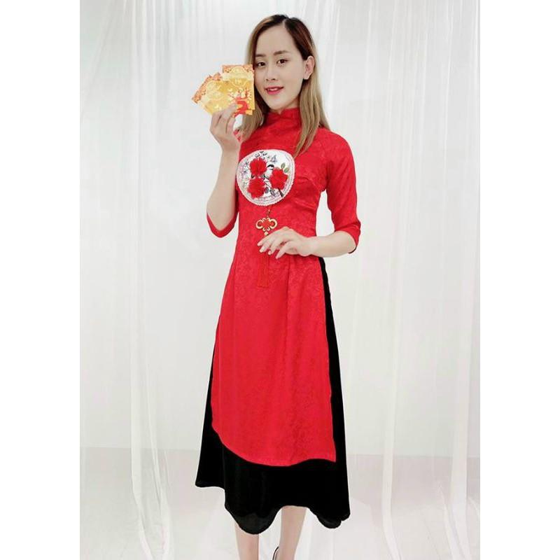 SET ÁO DÀI CÁCH TÂN ĐÍNH HOA ĐỎ
