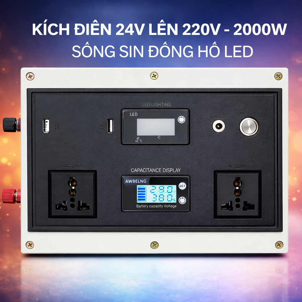 Bộ Kích Điện 24V → 220V 2000W Sóng Sin Chuẩn Nhật – Nguồn Điện Ổn Định, Có LED Hiển Thị, Dùng Cho Xe &amp; Gia Đình