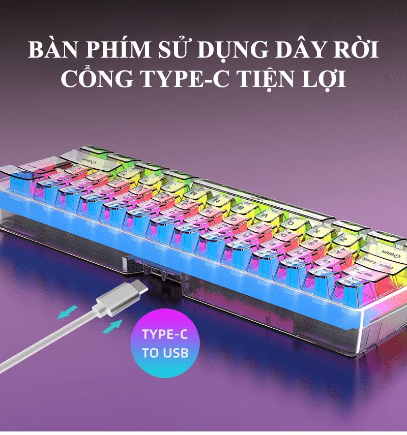 Bàn phím mini có dây XUNFOX K20 đèn led RGB cực đẹp với thiết kế trong suốt độc đáo