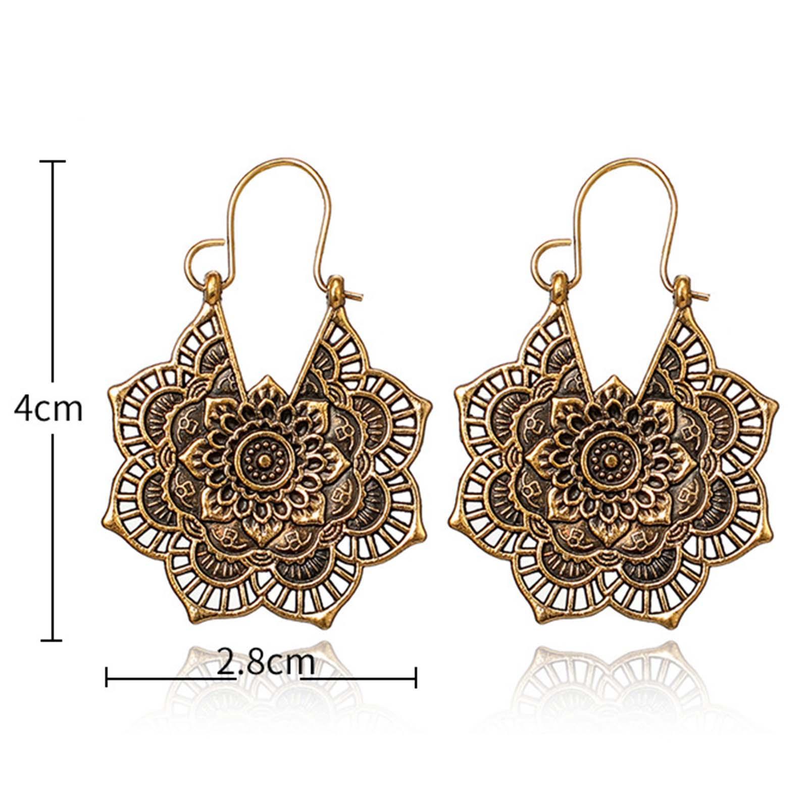 Women Ethnic Earrings Mandala Flower Retro Style Boho Tribal Ear Jewelry Gold