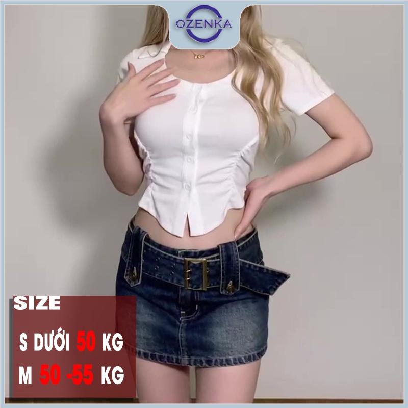 Áo croptop kiểu ôm vạt bầu cài khuy cổ bẻ nữ OZENKA cộc tay vài thun cotton 100% màu đen trắng size dưới 55 kg