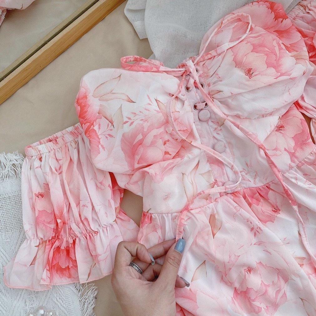 Đầm váy maxi voan lót lụa hoa hồng trễ vai xoè dài Ivy.fashion đi biển dự tiệc dạo phố bigsize gợi cảm sexy