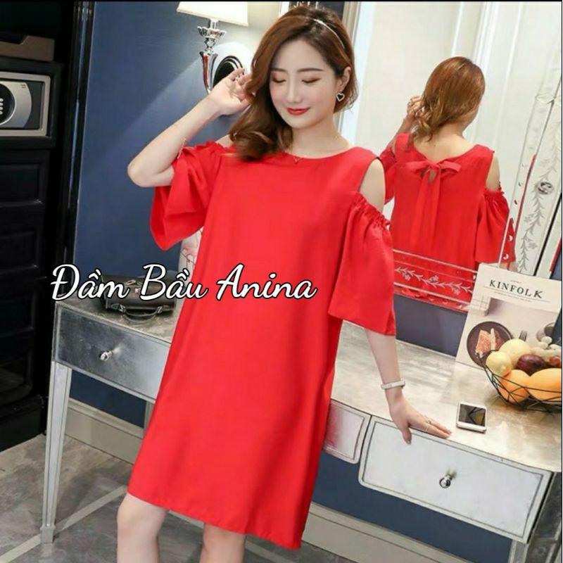 Váy bầu - Đầm bầu hở vai chất KATE mềm mại cao cấp W125