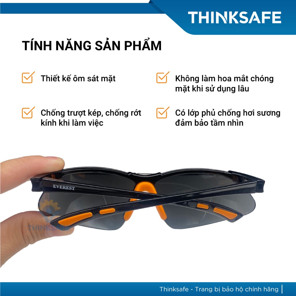 Mắt kính bảo hộ lao động Everest Thinksafe, Kính bảo vệ mắt trong suốt, chống bụi, chống tia UV, dùng đi đường - EV304