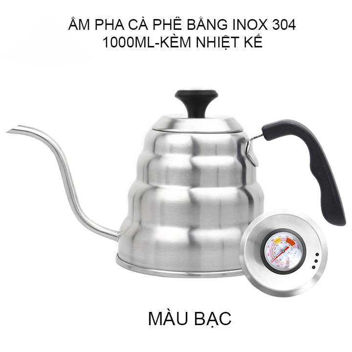 Bình pha cà phê cổ ngỗng loại 1000ml nắp có nhiệt kế, bằng Inox 304 cao cấp