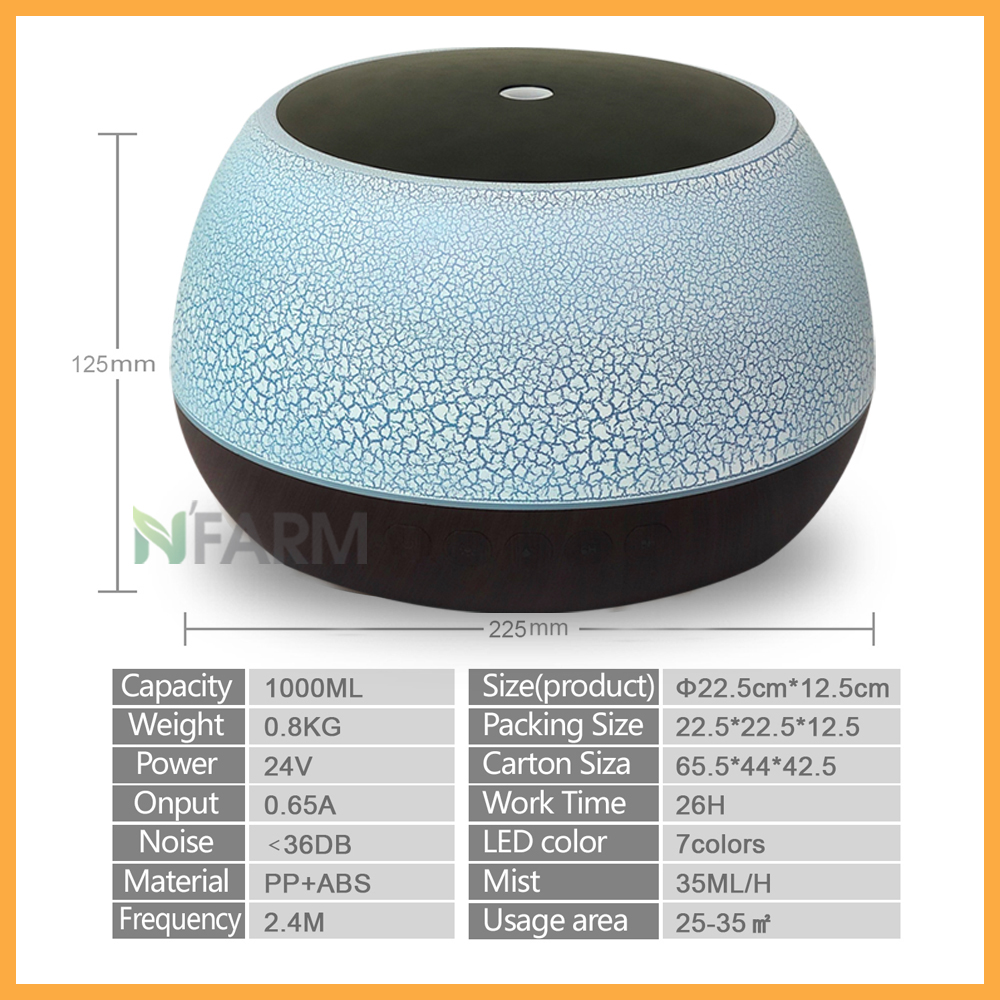 Combo máy khuếch tán/ máy xông tinh dầu N'Farm Loa Bluetooth Dung Tích 1000ml NF2072+ tinh dầu sả chanh N'Farm (10ml). Phun sương sóng siêu âm. Có remote điều khiển.