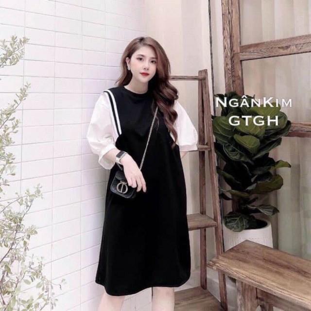 Đầm nữ phối tay lỡ bo viền chất đũi - bầu bí bon chen thoải mái