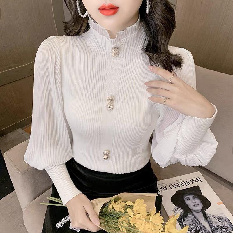 ÁO LEN NỮ CỔ LỌ TAY BỒNG chất liệu len tăm dày mịn phối vải von lụa dập li đẹp s252