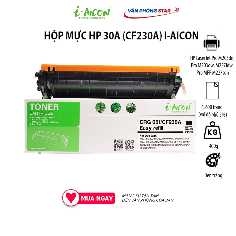 [hàng chính hãng] Hộp mực in 30A thương hiệu I.aicon mã CF230A dùng cho máy in HP LaserJet Pro M203dn, Pro M203dw, Pro MFP M227fdw/sdn. Dung lượng In khoảng 1.600 trang A4 (với độ phủ 5%), chất lượng bản in đẹp nét, tương thích hoàn toàn với thiết bị