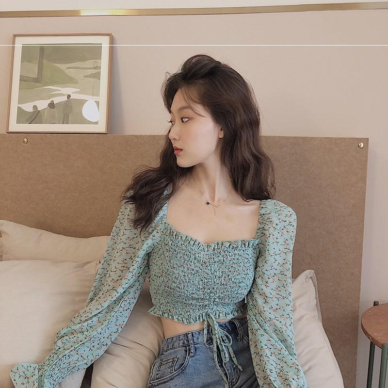 ÁO CROPTOP HOA NHÍ CHUN RÚT NGỰC 4 MÀU