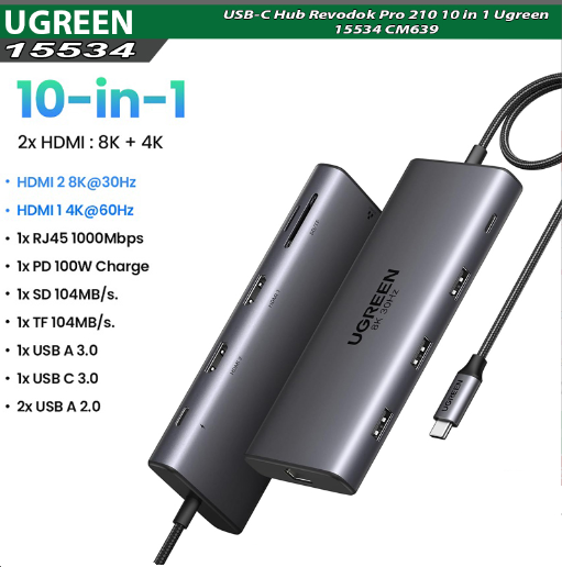 Hub USB-C 10 in 1 Ugreen 15534 CM639, hỗ trợ 2 HDMI 8K30hz và 4K60Hz, 3x USB-A, 1x USB-C, Card Reader, PD100W - Hàng chính hãng