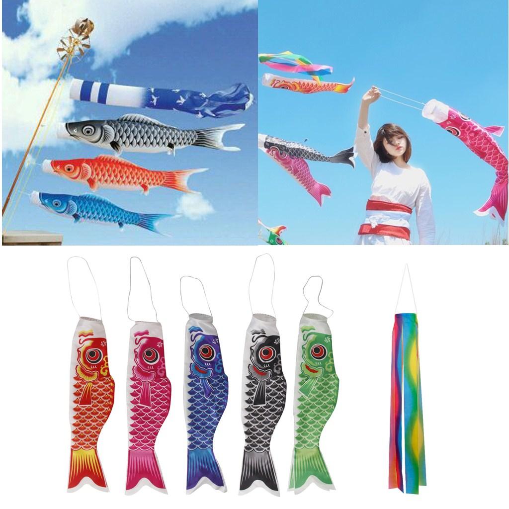 4xHouse Roof Hanging Koinobori Japanese Carp Wind Sock Blue Koi Nobori Flag