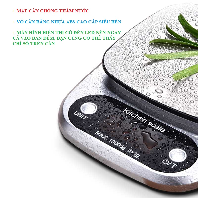 Cân điện tử kitchen scale cao cấp chống thấm nước, màn hình hiển thị led 3kg, 5kg, 10kg ( Tặng móc treo đồ 3D nhà bếp chịu lực ngẫu nhiên )