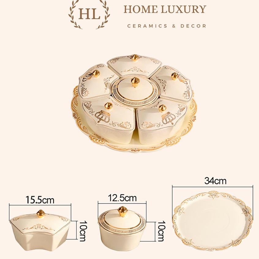 KHAY SỨ TRÒN CÓ NẮP ĐẬY HOÀNG GIA CAO CẤP XOAY 360 ĐỘ KẺ VÀNG KIM CHO SẢNH PHÒNG KHÁCH - BIỆT THỰ ĐỰNG BÁNH KẸO 2022