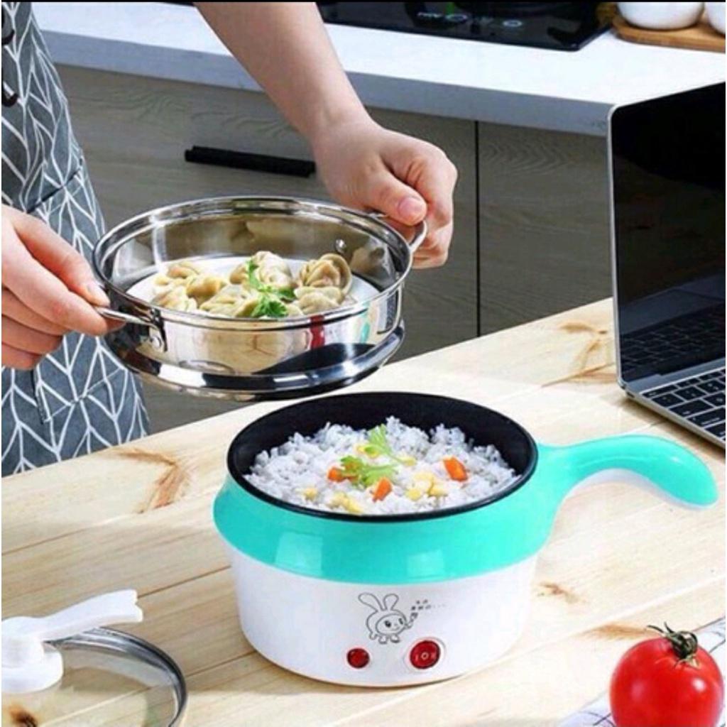 Nồi Lẩu Điện Mini Hai Tầng Tay Cán Dài Đa Năng Tặng Kèm Khay Hấp Có Thể Chiên, Xào, Nấu Ăn, Nấu Cơm