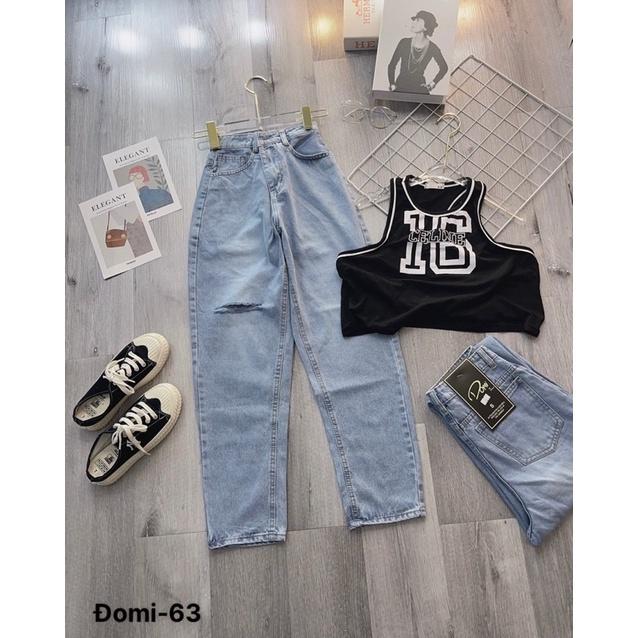 Quần Jean Nữ Aiori Lưng Cao Baggy Bò Trơn Rách Gối Phong Cách Thời Trang - Mã 132