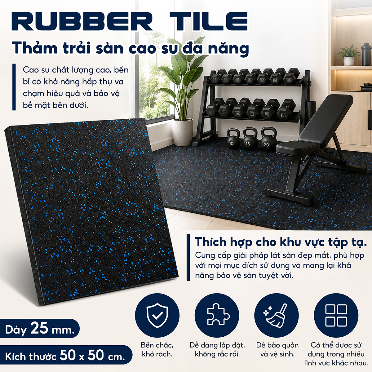 Thảm caosu cứng , Gạch caosu 6025 (50X50X2.5) đạt tiêu chuẩn Mỹ và Châu Âu