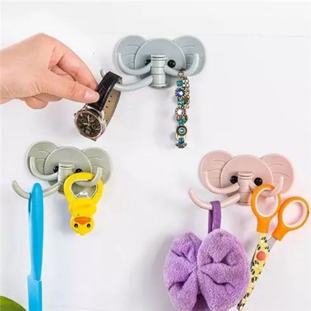 Set 2 Móc treo đồ đa năng 3 chạc dán tường hình con voi chịu lực tốt sử dụng cho phòng ngủ, phòng tắm, nhà bếp tiện lợi