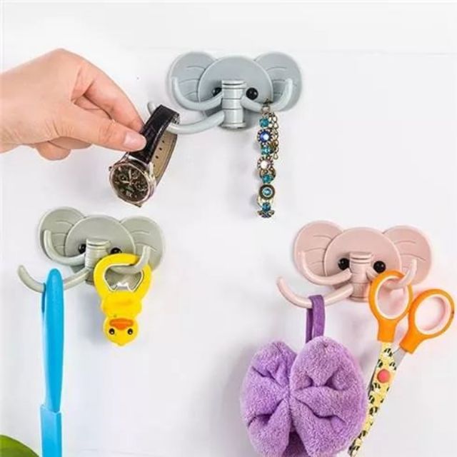 Set 2 Móc treo đồ đa năng 3 chạc dán tường hình con voi chịu lực tốt sử dụng cho phòng ngủ, phòng tắm, nhà bếp tiện lợi