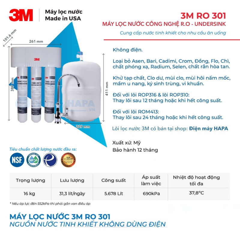 Máy Lọc Nước 3M RO301 Công Nghệ R.O Tinh Khiết 3 Lõi Cao Cấp Không Dùng Điện Nhập Khẩu Mỹ - Hàng Chính Hãng 3M