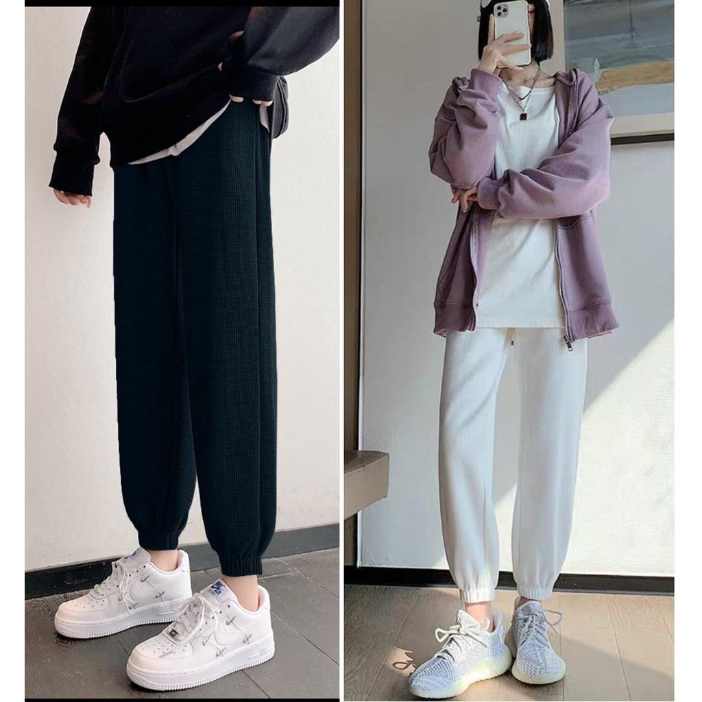 Quần xốp tổ ong Unisex, Jogger thể thao dài cạp chun có dây rút điều chỉnh eo vải co dãn dày dặn 2 màu
