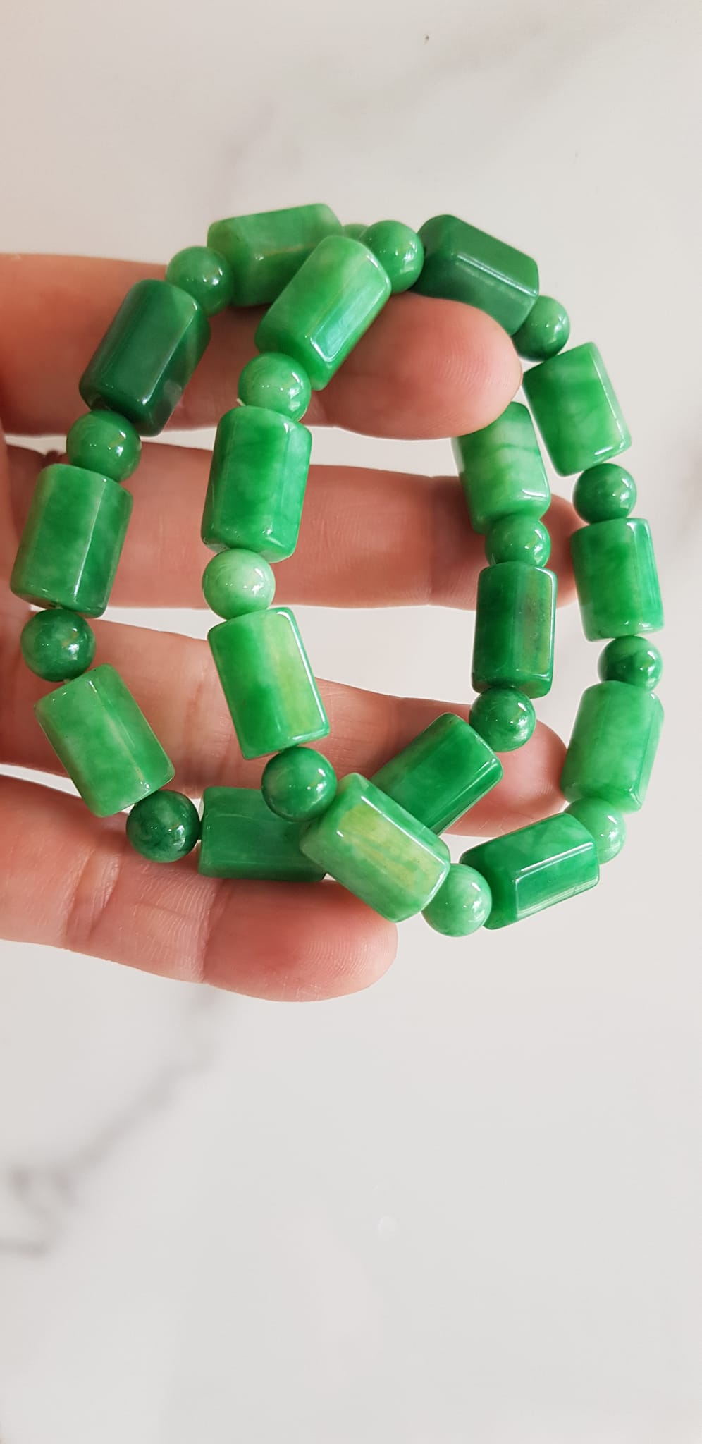 Vòng đeo tay nữ đá cẩm thạch xanh mix kiểu hạt ống vuông dài tròn size 10mm Nữ mệnh mộc hỏa thủy đeo xinh may mắn ạ