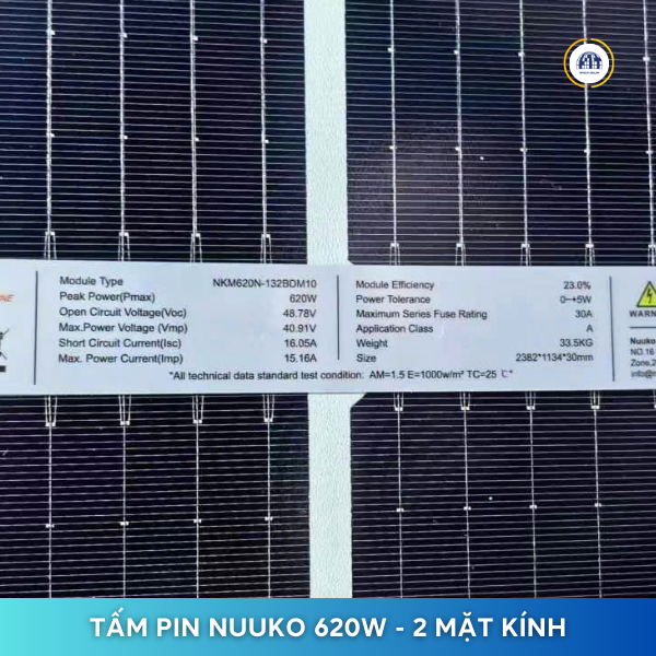 Tấm pin năng lượng mặt trời NUUKO Mono 620W – 2 mặt kính | Công nghệ N-Type TOPCON