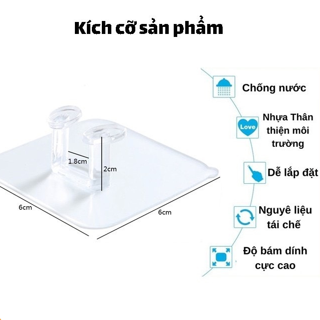 Combo Móc Dán tường treo dây điện, phích cắm, để sạc điện thoại 2 Tai Siêu dính - Móc Treo Đồ Đa năng nhà tắm nhà bếp