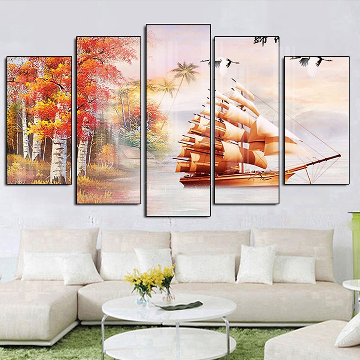 Tranh  Tráng Gương Pha Lê Treo Tường Hiện Đại _ Tranh Bộ 5 Thuận Buồm Xuôi Gió
