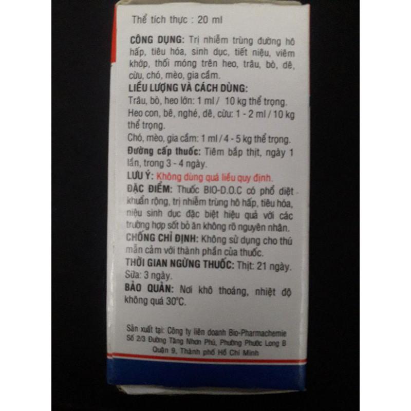 Bio DOC 20ml. chai chích viêm phổi, thương hàn heo, gà