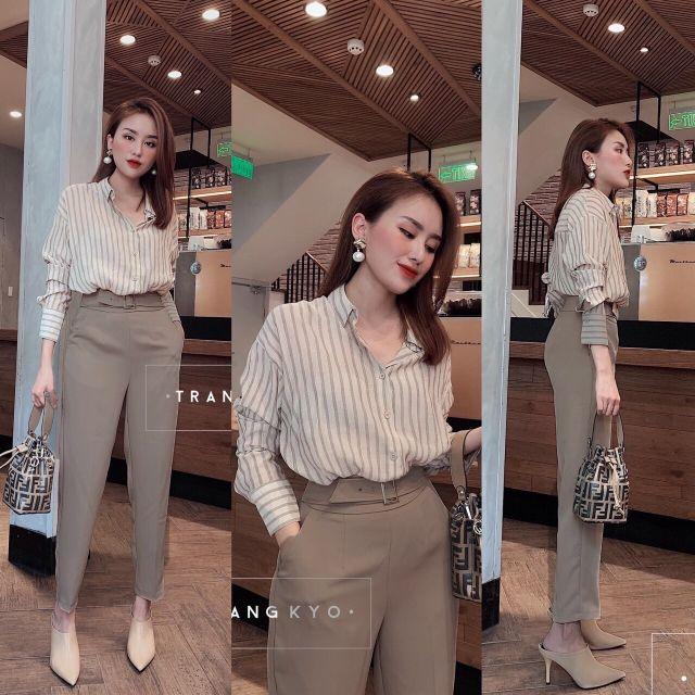 Quần baggy nâu lưng cao kèm belt