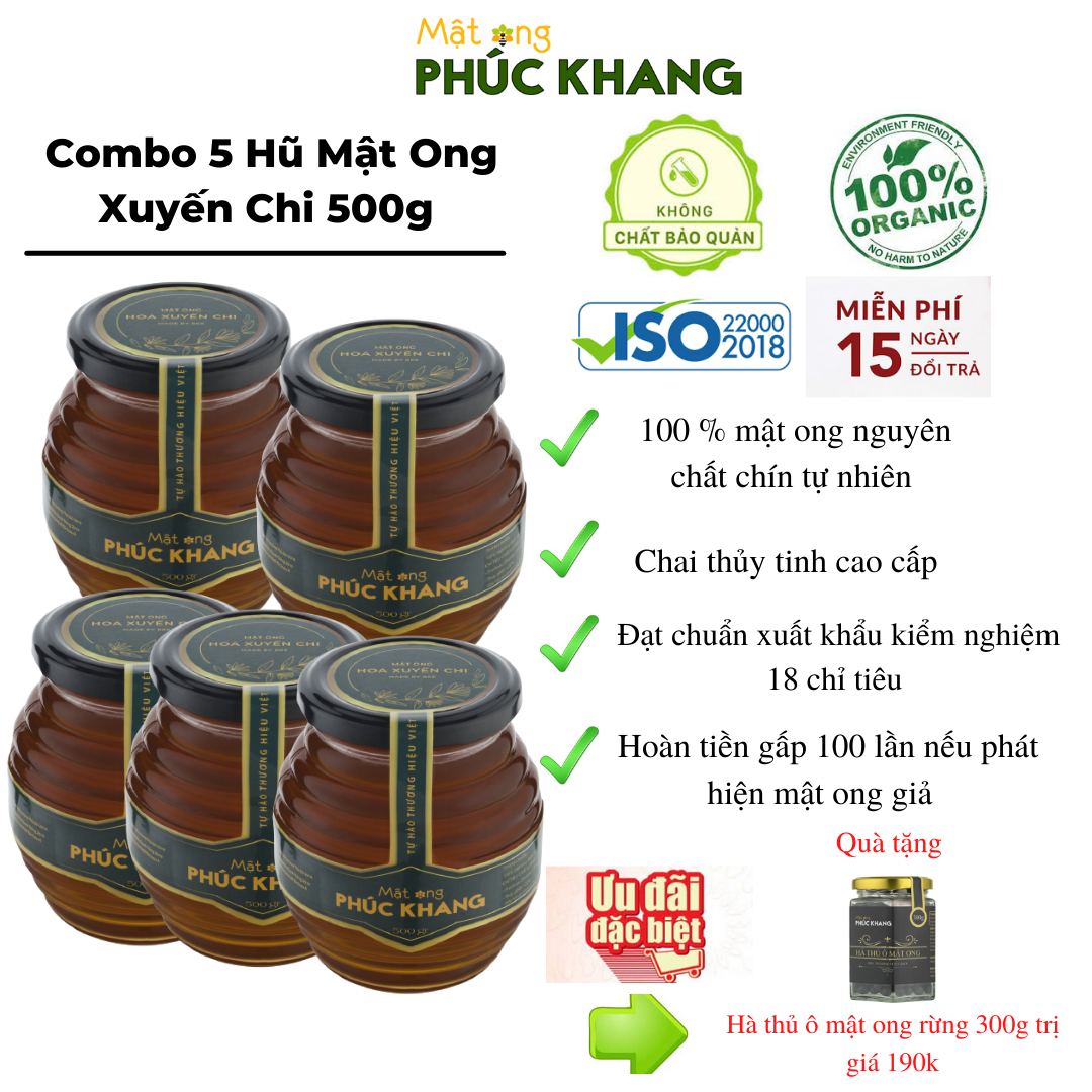 5 Hũ Mật Ong Cao Cấp Xuất Khẩu -  Hoa Xuyến Chi (500g) - Hàng Chính Hãng 