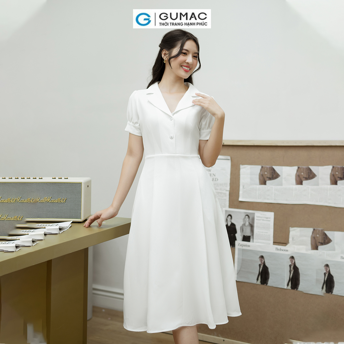 Đầm A xòe tay phồng GUMAC DD08048