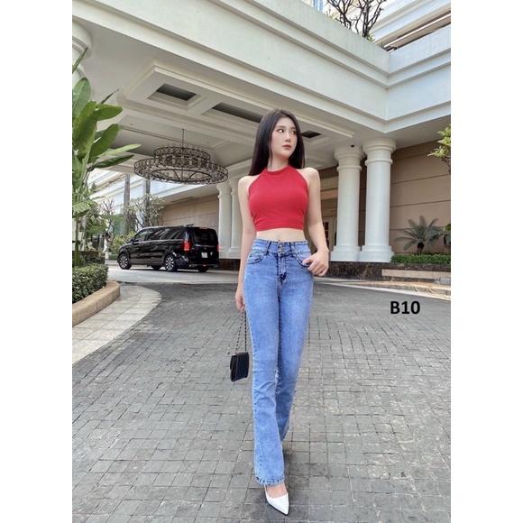 Quần Jeans Nữ Ống Loe Dài Lưng Cao 2 nút Co giãn