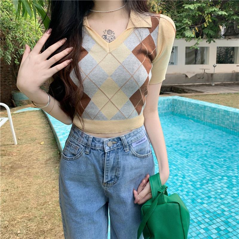 Hàng Sẵn_ Áo len crotop ngắn dệt kim họa tiết kim cương Hadu shop