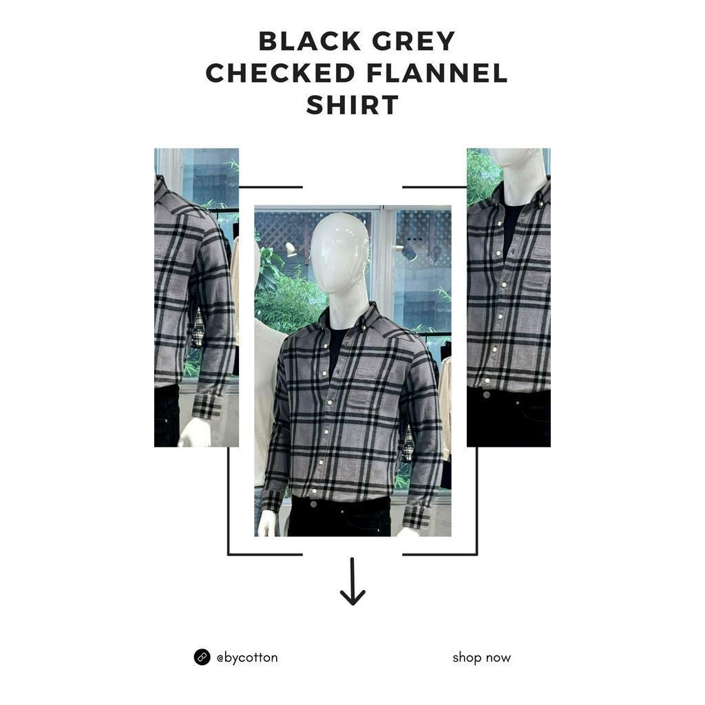 Áo Sơ Mi Nam Dài Tay Caro Đen Phối Xám BY COTTON Black Grey Checked Flannel Shirt