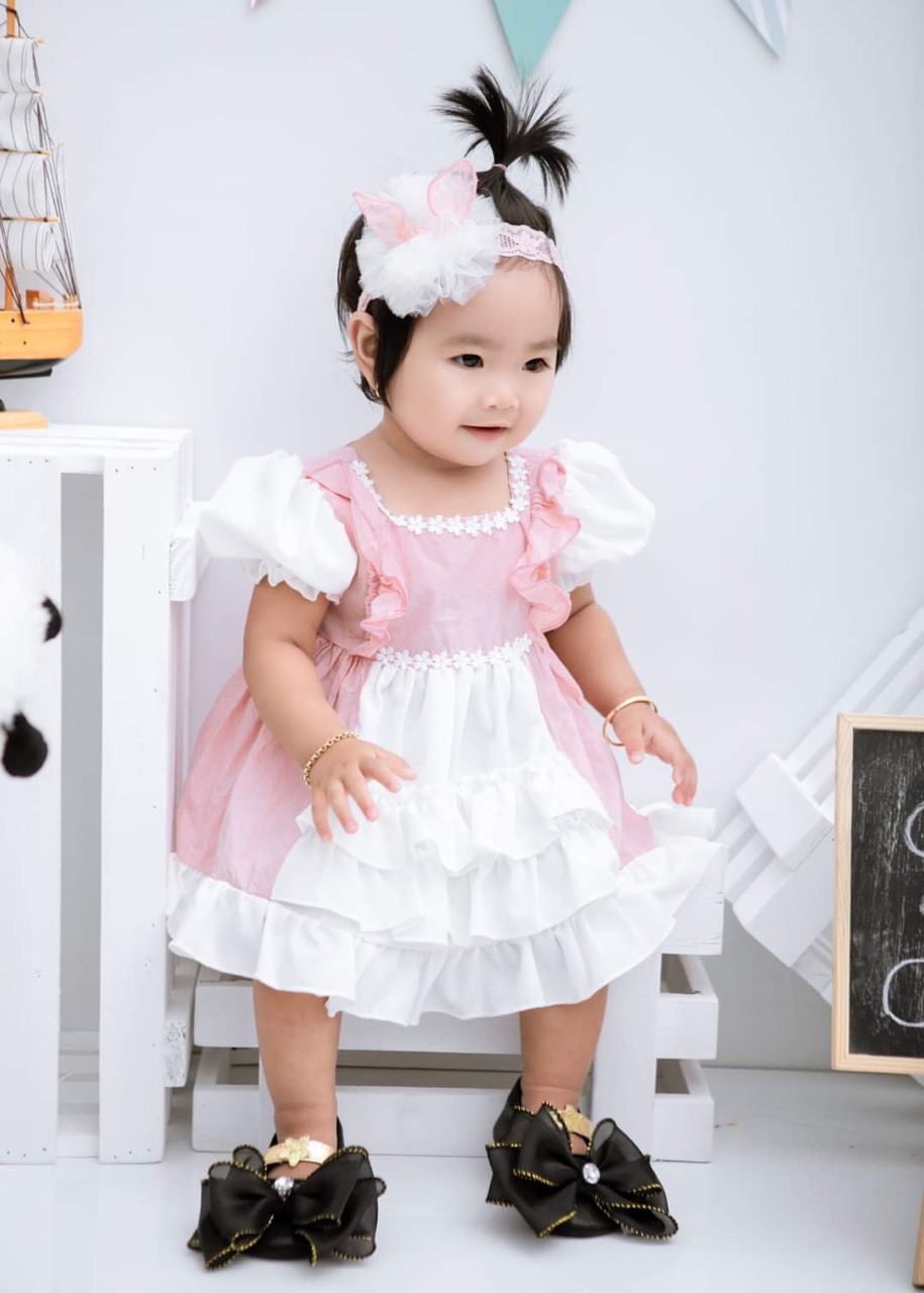 Váy Lolita bèo hồng bé gái 4 đến 17kg, Đầm bé gái chất lụa nến mềm mát