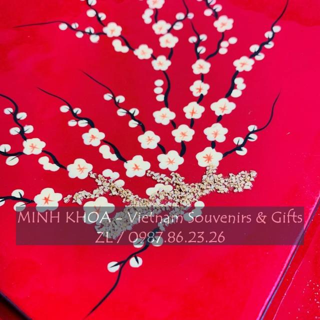 Set 3 Đĩa Vuông Cong Sơn Mài Hoa Đào Cẩn Trứng - Cherry Blossom Lacquer Tray