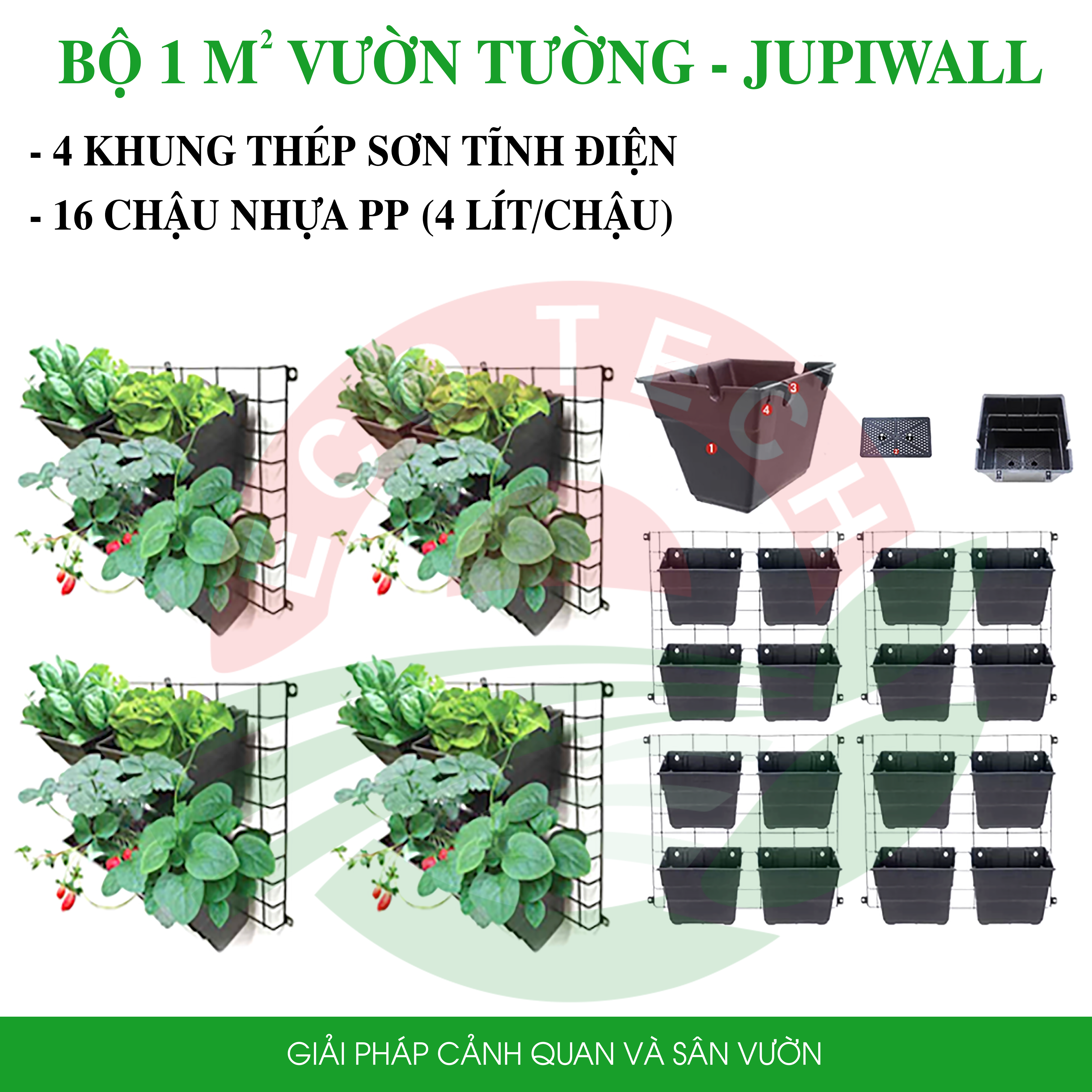 Bộ 1m2 vườn tường : Chậu Kích thước lớn, khung thép, tùy biến vị trí chậu, dễ lắp đặt, Phù hợp trồng rau sạch, cây hoa lớn.