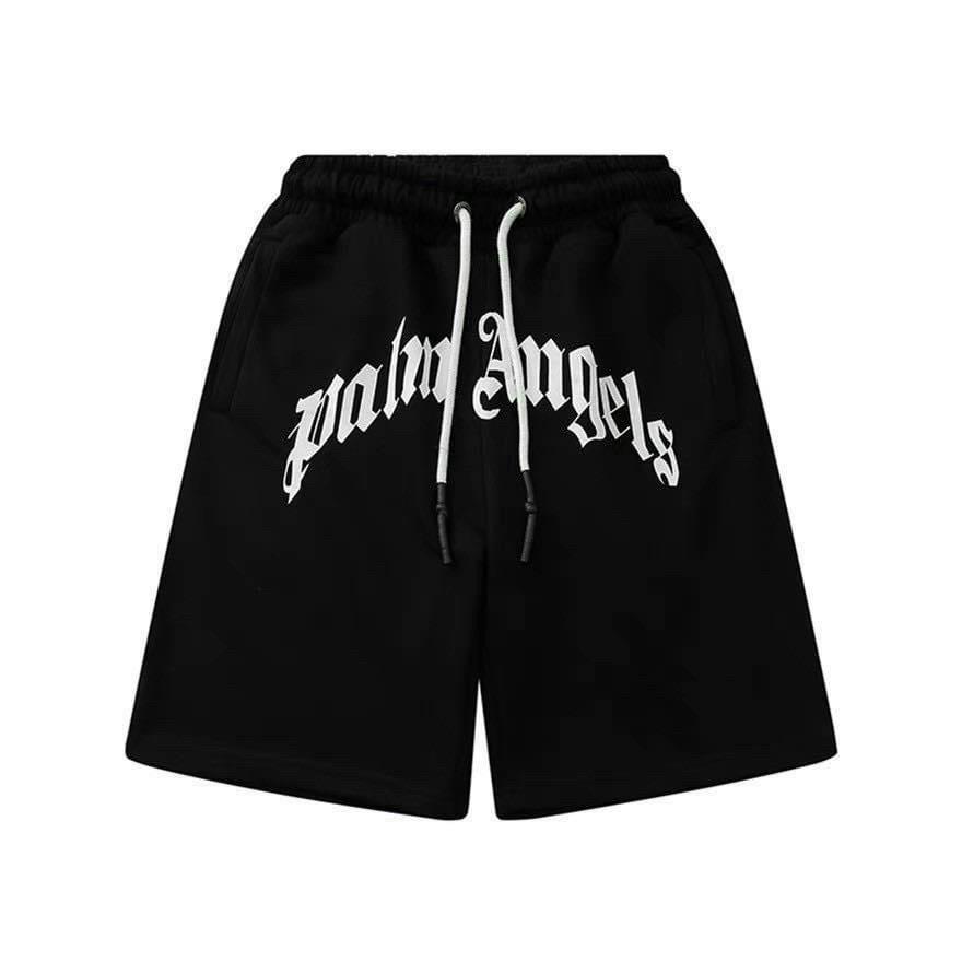 Quần short lửng thun nam đẹp màu đen in chữ Palm Angels thể thao lưng chun dây rút chất nỉ da cá 2 da dày xịn