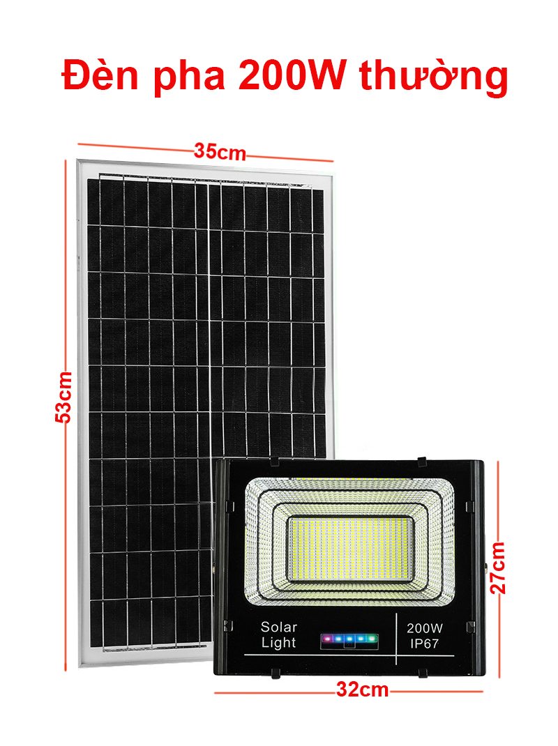 Đèn pha năng lượng mặt trời 200W loại thường –Vỏ nhôm,Tấm pin NLMT rời,Ánh sáng trắng, Báo pin ngoài