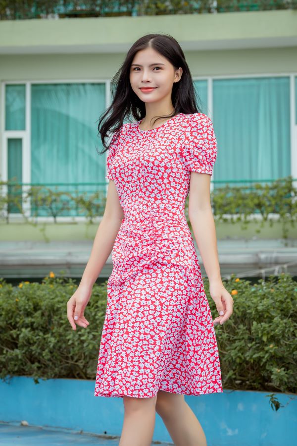 Váy xòe xếp bèo hoa cúc màu đỏ EV22