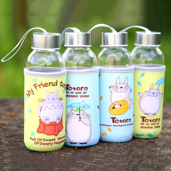 Bình Nước Thủy Tinh Totoro Có Dây Xách Và Bọc Vải 300ml ( Giao mẫu ngẫu nhiên)