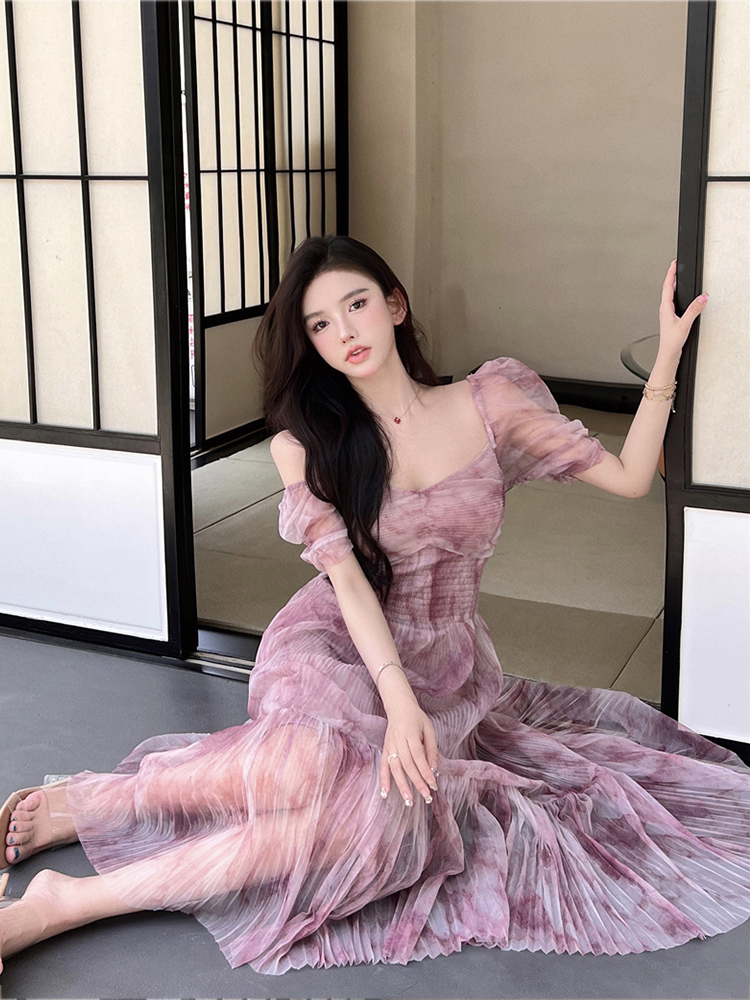 Đầm hồng đi biền, váy nữ đi biển dáng dài xòe, tay lỡ, cổ vuông ngọt ngào mùa xuân - S (&lt;=48kg)