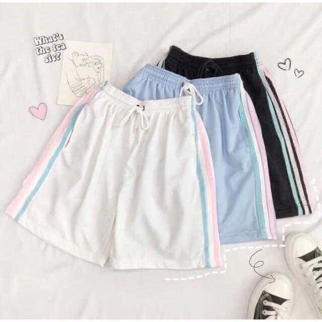 Quần Short Đùi 3 Sọc RAINBOW PEONYB Unisex ống rộng cạp chun trơn màu ĐEN | TRẮNG | XANH
