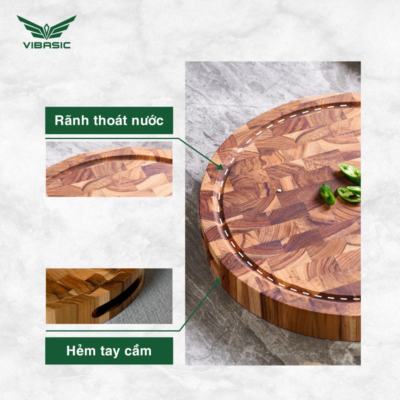 Thớt Chặt Gỗ Teak Vibasic ghép dựng block, kích thước 320x38mm, thớt tròn - Hàng chính hãng Bộ Quốc Phòng
